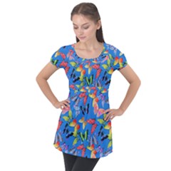 Bright Butterflies Circle In The Air Puff Sleeve Tunic Top by SychEva