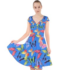 Bright Butterflies Circle In The Air Cap Sleeve Front Wrap Midi Dress by SychEva