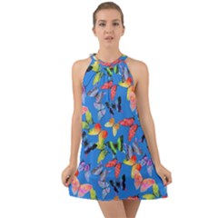 Bright Butterflies Circle In The Air Halter Tie Back Chiffon Dress by SychEva