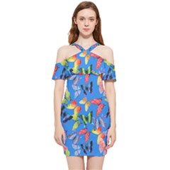 Bright Butterflies Circle In The Air Shoulder Frill Bodycon Summer Dress by SychEva