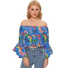 Bright Butterflies Circle In The Air Off Shoulder Flutter Bell Sleeve Top by SychEva