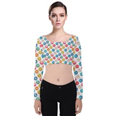 Multicolored Sweet Donuts Velvet Long Sleeve Crop Top by SychEva