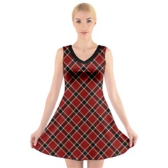 Dark Red Tartan, Retro Buffalo Plaid, Tiled Pattern V-neck Sleeveless Dress by Casemiro