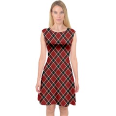 Dark Red Tartan, Retro Buffalo Plaid, Tiled Pattern Capsleeve Midi Dress by Casemiro