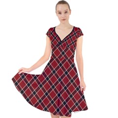 Dark Red Tartan, Retro Buffalo Plaid, Tiled Pattern Cap Sleeve Front Wrap Midi Dress by Casemiro