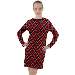 Dark Red Tartan, Retro Buffalo Plaid, Tiled Pattern Long Sleeve Hoodie Dress