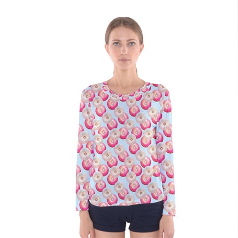 Pink And White Donuts On Blue Women s Long Sleeve Tee by SychEva