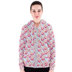 Pink And White Donuts On Blue Women s Zipper Hoodie by SychEva