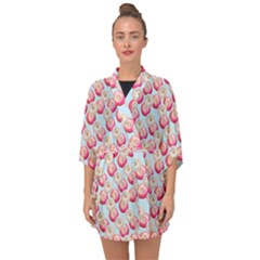 Pink And White Donuts On Blue Half Sleeve Chiffon Kimono