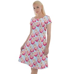 Pink And White Donuts On Blue Classic Short Sleeve Dress by SychEva