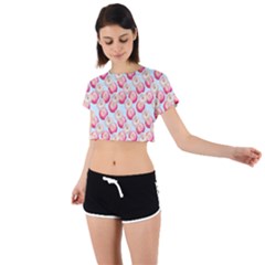 Pink And White Donuts On Blue Tie Back Short Sleeve Crop Tee by SychEva