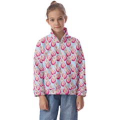 Pink And White Donuts On Blue Kids  Half Zip Hoodie by SychEva