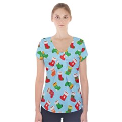 Christmas Socks Short Sleeve Front Detail Top by SychEva