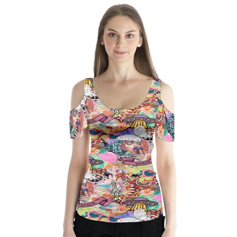 Retro Color Butterfly Sleeve Cutout Tee  by Sparkle