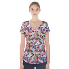 Retro Color Short Sleeve Front Detail Top by Sparkle