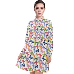 Multicolored Butterflies Long Sleeve Chiffon Shirt Dress by SychEva