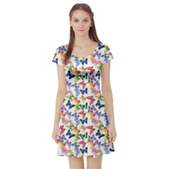 Multicolored Butterflies Short Sleeve Skater Dress by SychEva