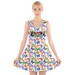 Multicolored Butterflies V-Neck Sleeveless Dress