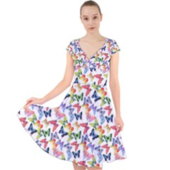 Multicolored Butterflies Cap Sleeve Front Wrap Midi Dress