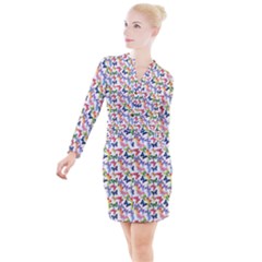 Multicolored Butterflies Button Long Sleeve Dress