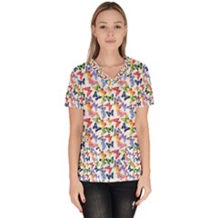 Multicolored Butterflies Women s V-Neck Scrub Top