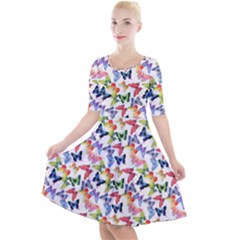 Multicolored Butterflies Quarter Sleeve A-Line Dress