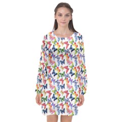 Multicolored Butterflies Long Sleeve Chiffon Shift Dress  by SychEva