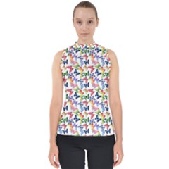 Multicolored Butterflies Mock Neck Shell Top