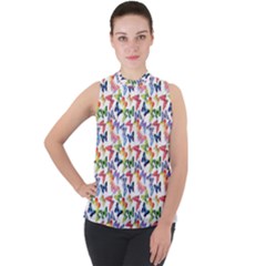 Multicolored Butterflies Mock Neck Chiffon Sleeveless Top