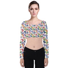 Multicolored Butterflies Velvet Long Sleeve Crop Top by SychEva