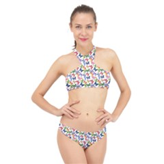 Multicolored Butterflies High Neck Bikini Set