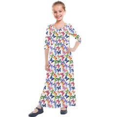 Multicolored Butterflies Kids  Quarter Sleeve Maxi Dress