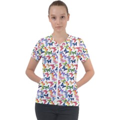 Multicolored Butterflies Short Sleeve Zip Up Jacket