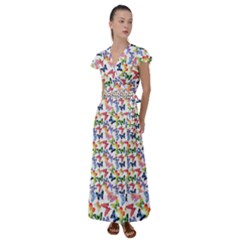 Multicolored Butterflies Flutter Sleeve Maxi Dress