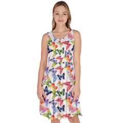 Multicolored Butterflies Knee Length Skater Dress With Pockets