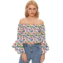 Multicolored Butterflies Off Shoulder Flutter Bell Sleeve Top