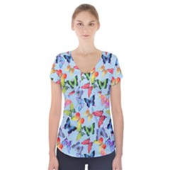 Watercolor Butterflies Short Sleeve Front Detail Top by SychEva