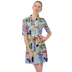 Watercolor Butterflies Belted Shirt Dress by SychEva