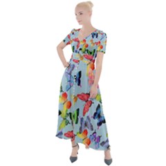 Watercolor Butterflies Button Up Short Sleeve Maxi Dress by SychEva