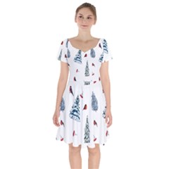 Christmas Trees And Bullfinches Short Sleeve Bardot Dress by SychEva