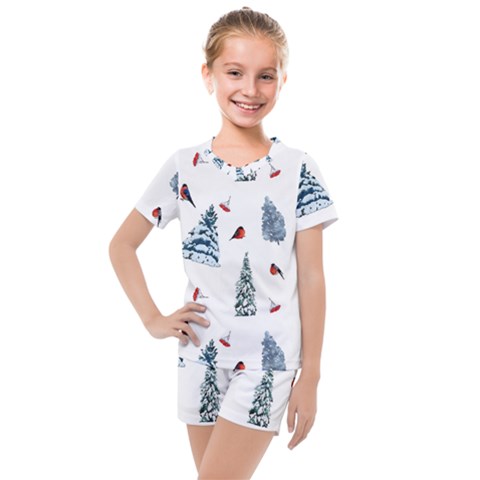 Christmas Trees And Bullfinches Kids  Mesh Tee And Shorts Set by SychEva