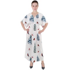 Christmas Trees And Bullfinches V-neck Boho Style Maxi Dress by SychEva