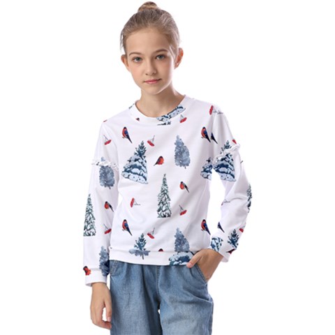 Christmas Trees And Bullfinches Kids  Long Sleeve Tee With Frill  by SychEva