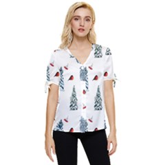 Christmas Trees And Bullfinches Bow Sleeve Button Up Top by SychEva