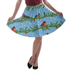 Bullfinches On Spruce Branches A-line Skater Skirt by SychEva