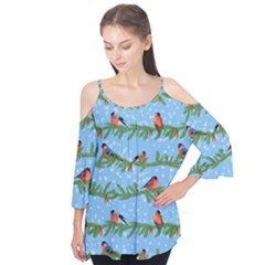 Bullfinches On Spruce Branches Flutter Sleeve Tee 