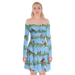 Bullfinches On Spruce Branches Off Shoulder Skater Dress by SychEva