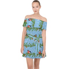 Bullfinches On Spruce Branches Off Shoulder Chiffon Dress by SychEva