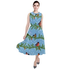 Bullfinches On Spruce Branches Round Neck Boho Dress by SychEva