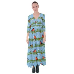 Bullfinches On Spruce Branches Button Up Maxi Dress by SychEva